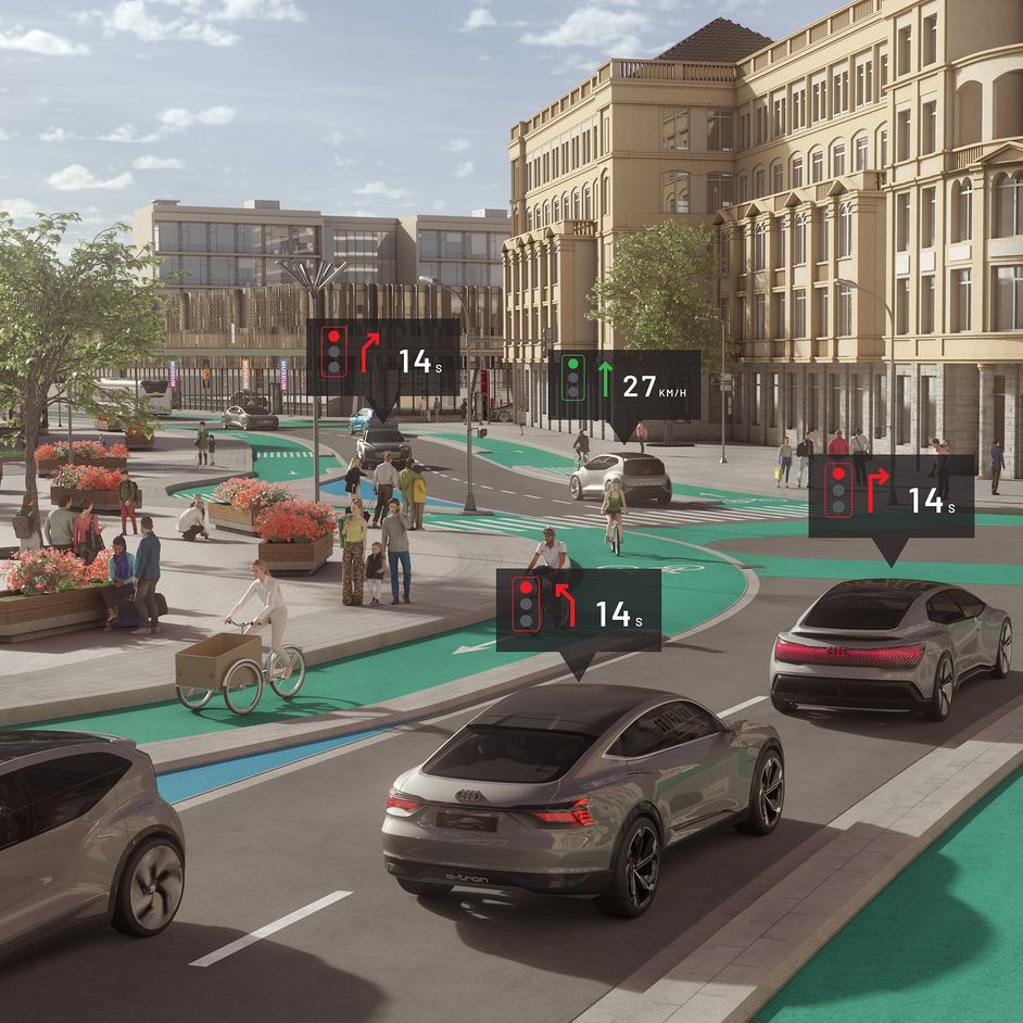 CGI-Rendering einer Straße mit Menschen und mehreren autonomen Autos