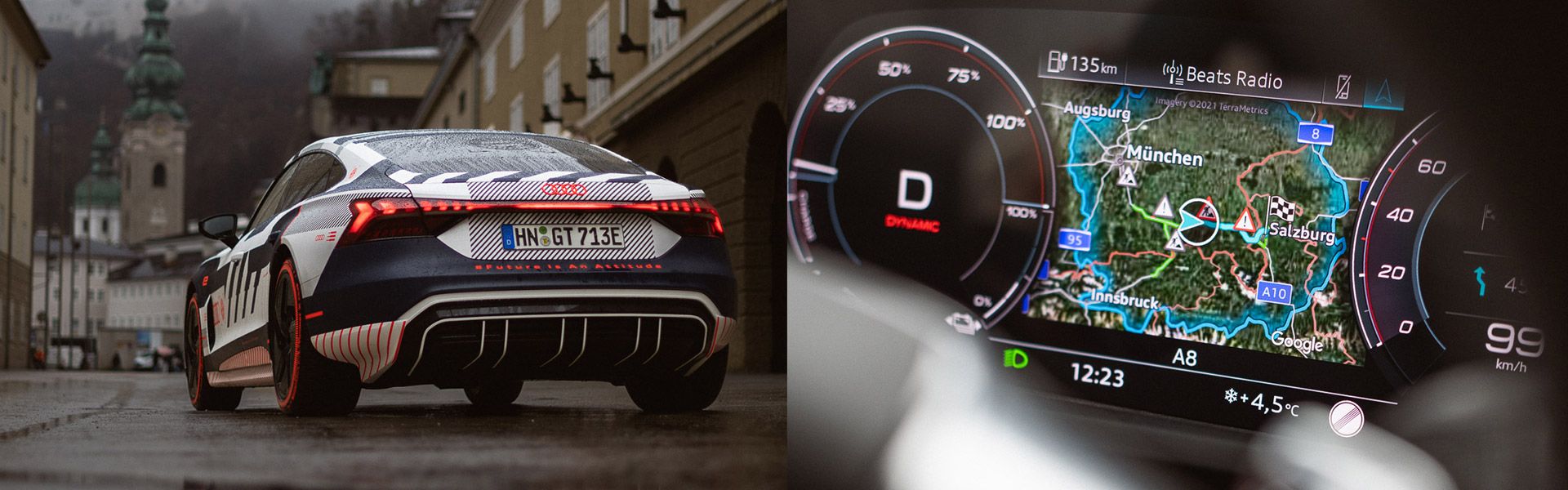 Rearview of the Audi RS e-tron GT next to an image of the Munich Salzburg route on the navigation system