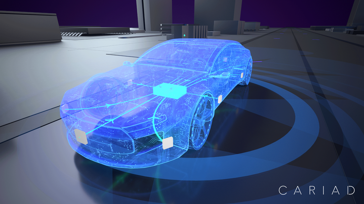 Grafische Darstellung der Sensoren und Verarbeitungseinheit platziert in einem durchsichtigen, blauen Fahrzeug