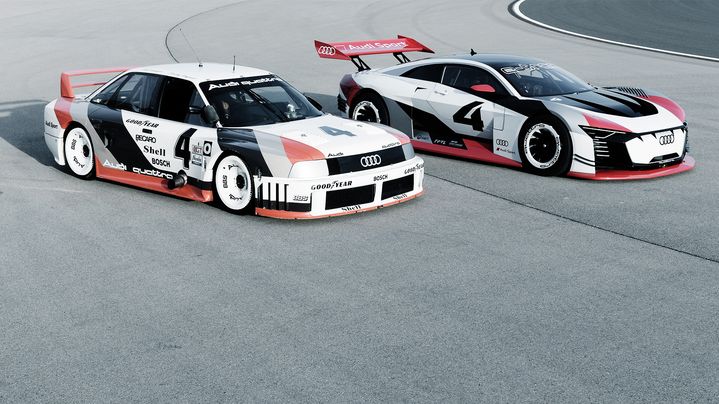 Audi 90 quattro IMSA GTO and Audi e-tron Vision Gran Turismo on the racetrack