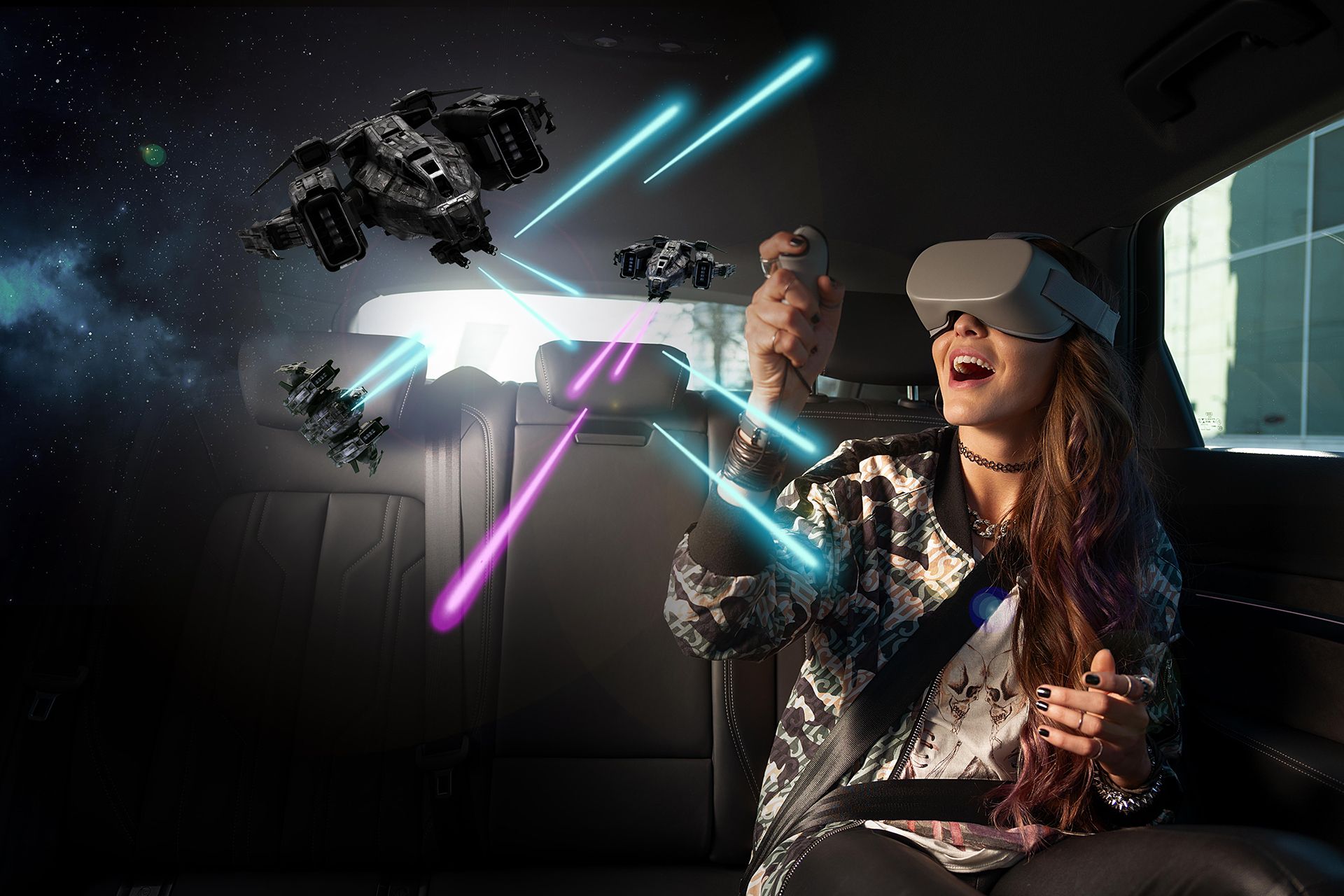 Woman with VR glasses on and Sci-fi spaceships