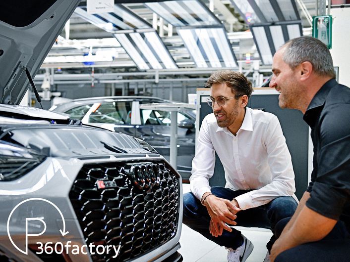 Dr. Stefan Eck (left) and Rüdiger Eck together with an Audi RS 5 on the production line in Ingolstadt