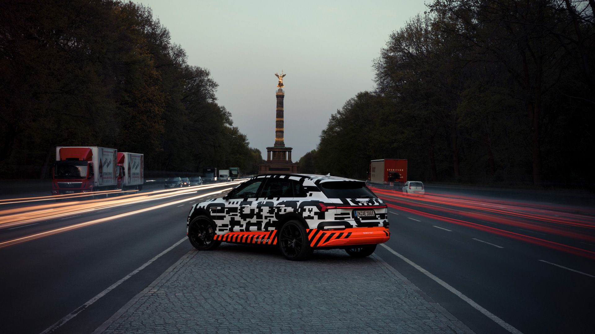 Audi e-tron prototype in front of the "Siegessäule" in Berlin, Germany.
