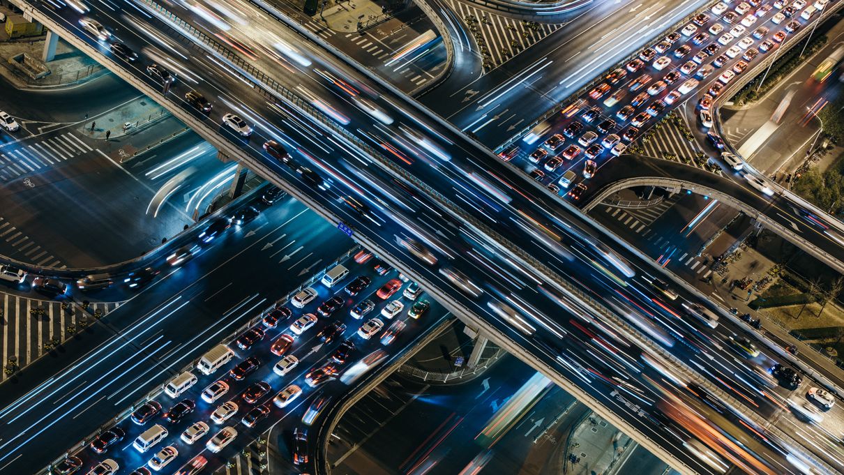 Bird's eye view illustration of busy highway interchange