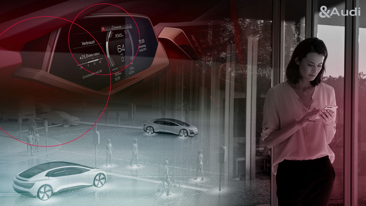 Collage of a woman on a mobile phone, a vehicle cockpit and an illustration of autonomous driving cars