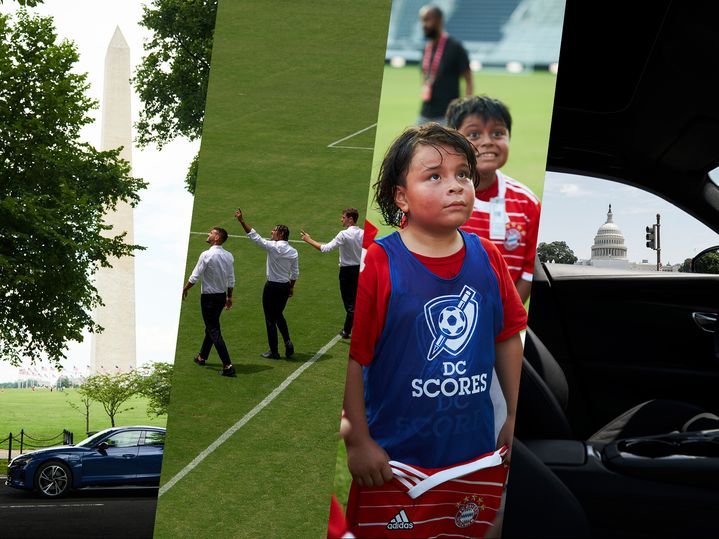 Collage of an Audi in front of the Washington Memorial, three Bayern stars in suits on the pitch, an awestruck child in a jersey and the view of the Capitol through the window of an Audi.