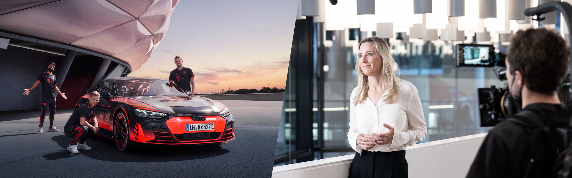 Kollage Interview und Audi RS e-tron GT FC Bayern concept