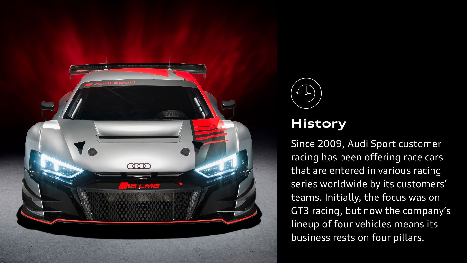 History: Since 2009, Audi Sport customer racing has been offering race cars that are entered in various racing series worldwide by its customers’ teams. Initially, the focus was on GT3 racing, but now the company’s lineup of four vehicles means its business rests on four pillars.