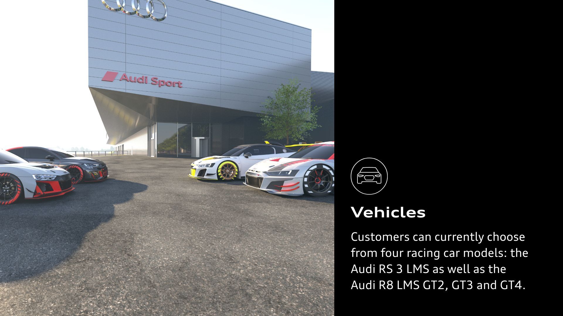 Vehicles: Customers can currently choose from four racing car models: the Audi RS 3 LMS as well as the Audi R8 LMS GT2, GT3 and GT4. 