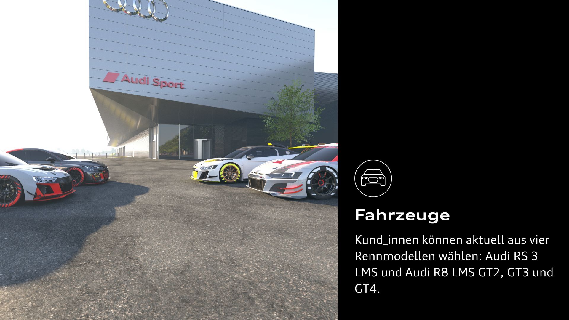 Fahrzeuge: Kund_innen können aktuell aus vier Rennmodellen wählen: Audi RS 3 LMS und Audi R8 LMS GT2, GT3 und GT4.